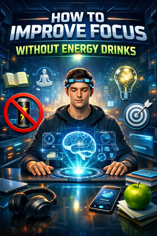 Futuristic scene of a man using a neural headset at a high-tech desk, with a glowing holographic brain and icons for meditation, learning, and focus, plus a crossed-out energy drink.