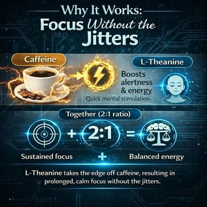 Infographic explaining caffeine and L-Theanine for sustained focus and balanced energy.