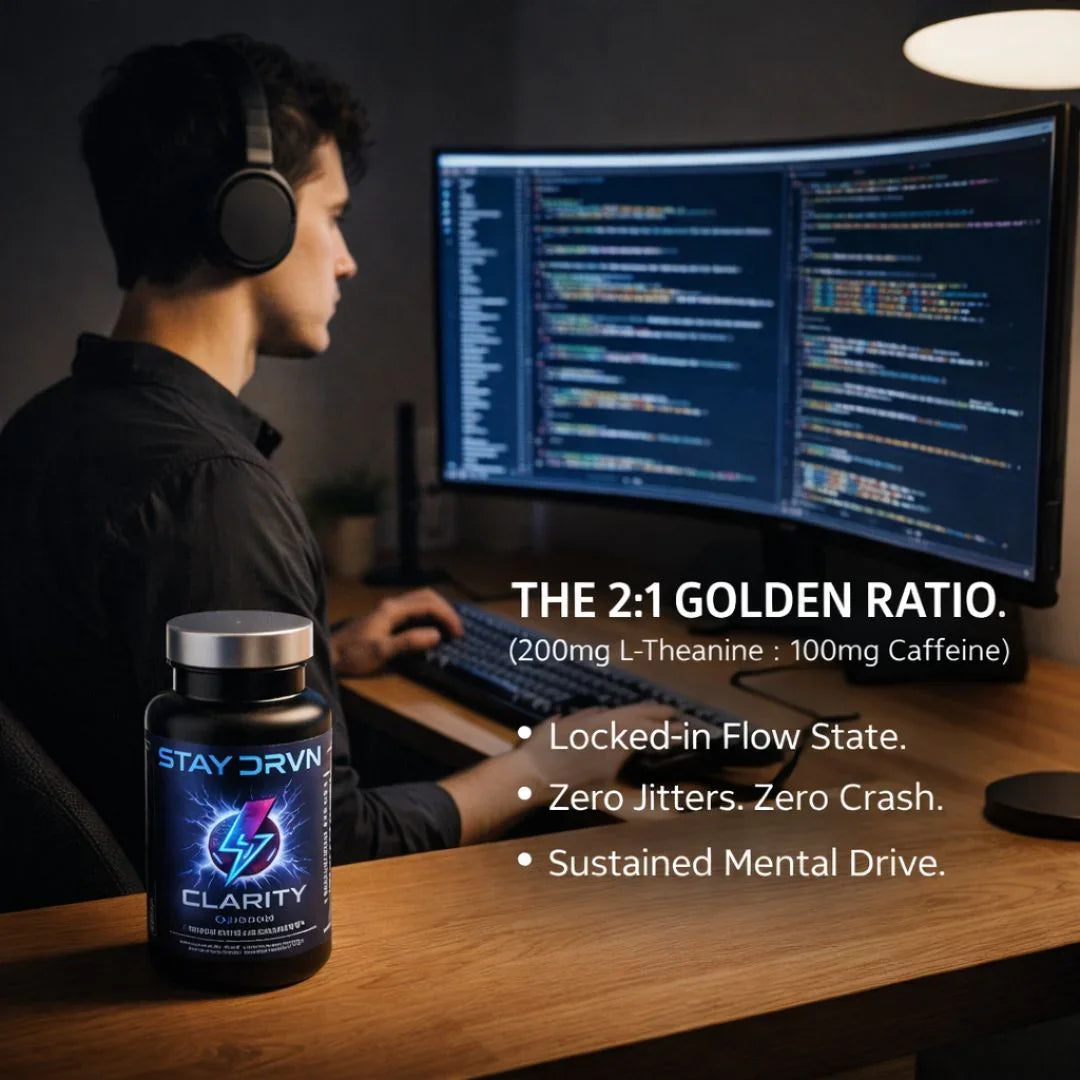 Person working at a computer with a bottle of Stay Drvn Clarity supplement on a desk.