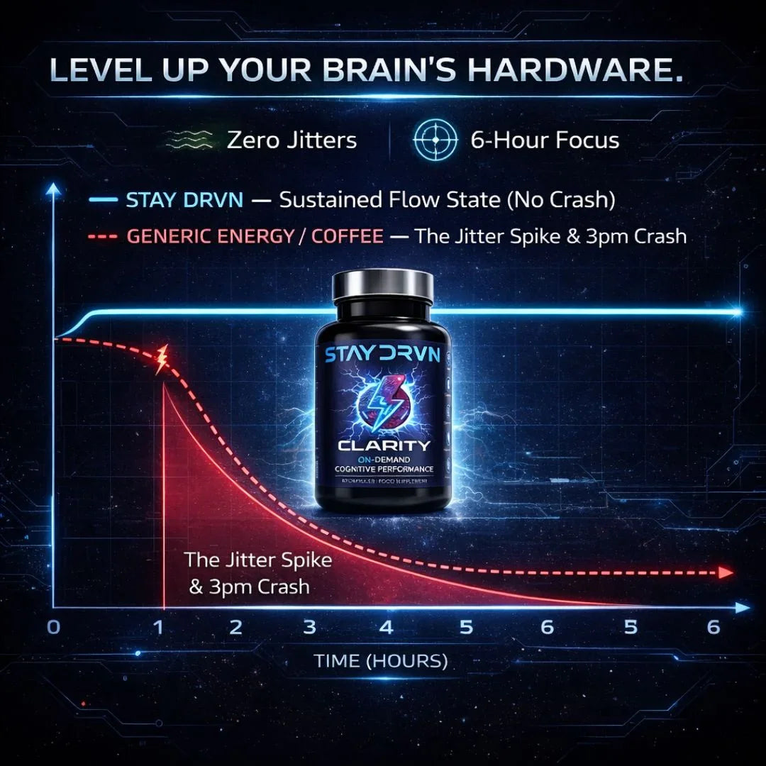 Stay DRVN Clarity supplement bottle with performance graph on a dark background