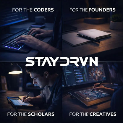 Collage of people working on computers with 'STAYDRVN' branding and text describing different roles.