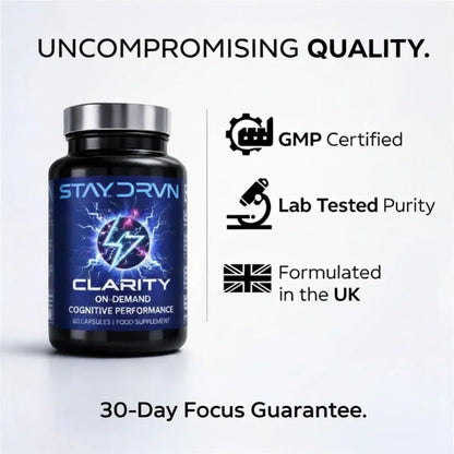Staydrvn Clarity supplement bottle with certification icons and text on a light gray background