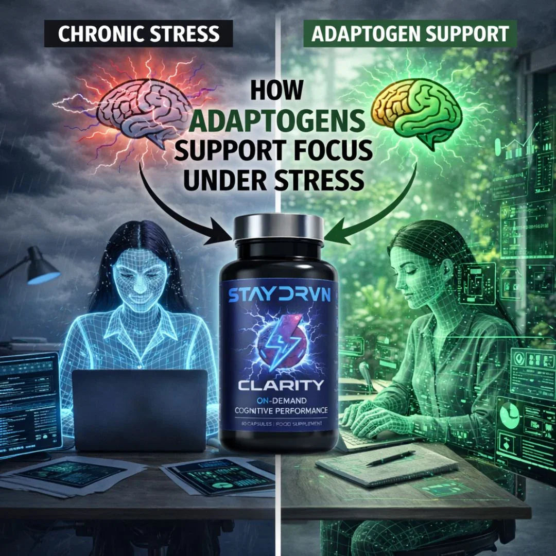 Advertisement for Staydrvn Clarity supplement showing how adaptogens support focus under stress.