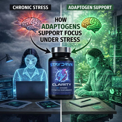 Advertisement for Staydrvn Clarity supplement showing how adaptogens support focus under stress.