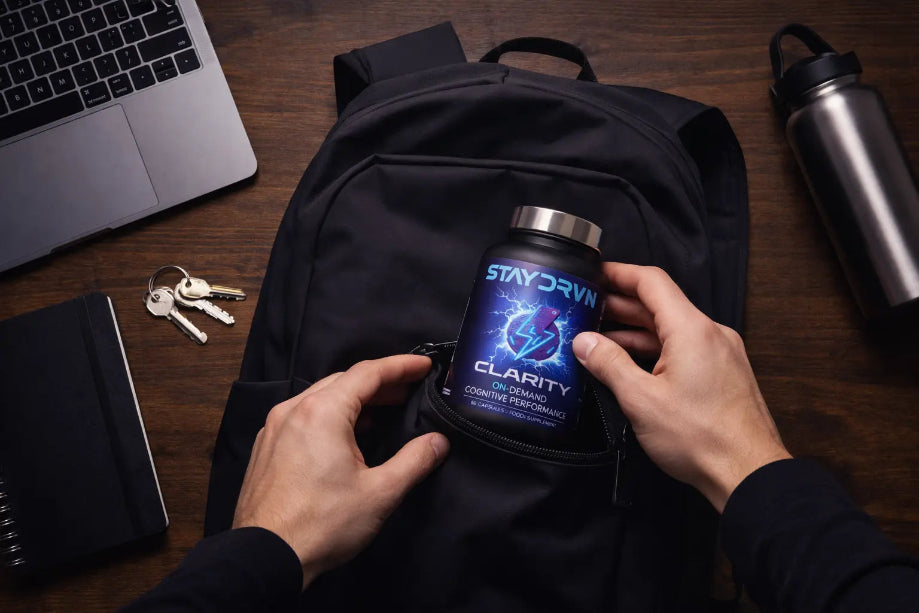 Person placing a supplement bottle labeled 'StayDrvn Clarity' into a backpack on a desk with a laptop and water bottle.