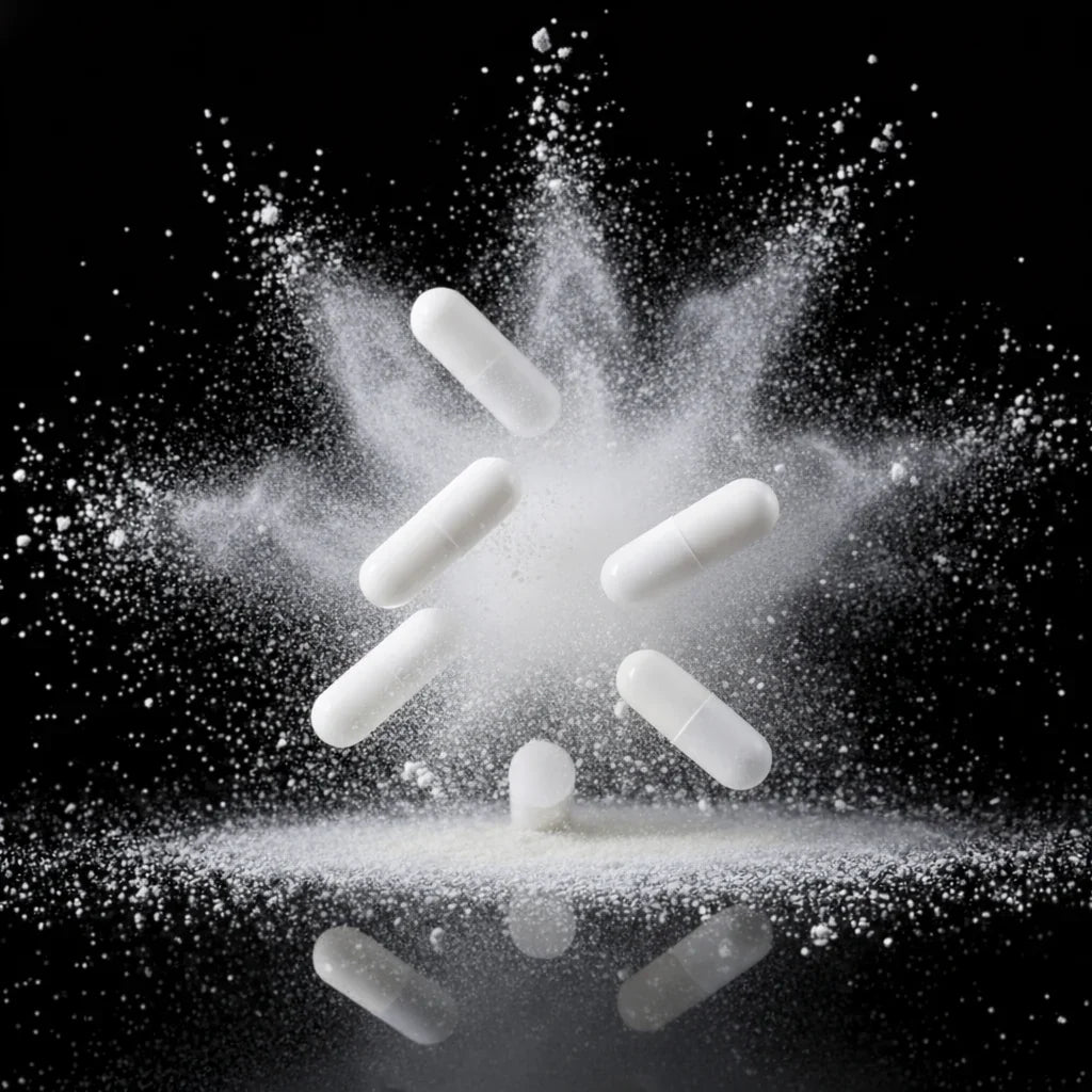 White pills with a starburst of powder against a black background