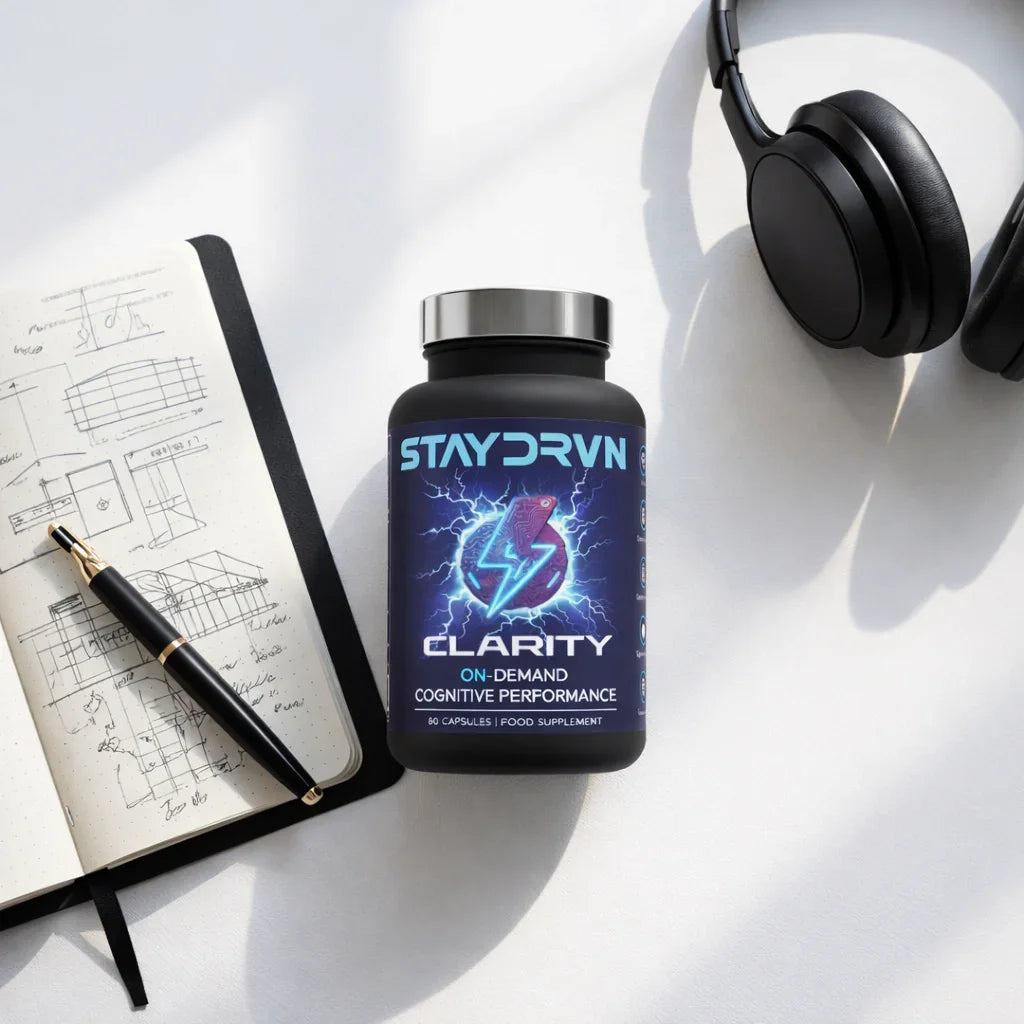 Staydrvn Clarity supplement bottle with notebook, pen, and headphones on a white surface
