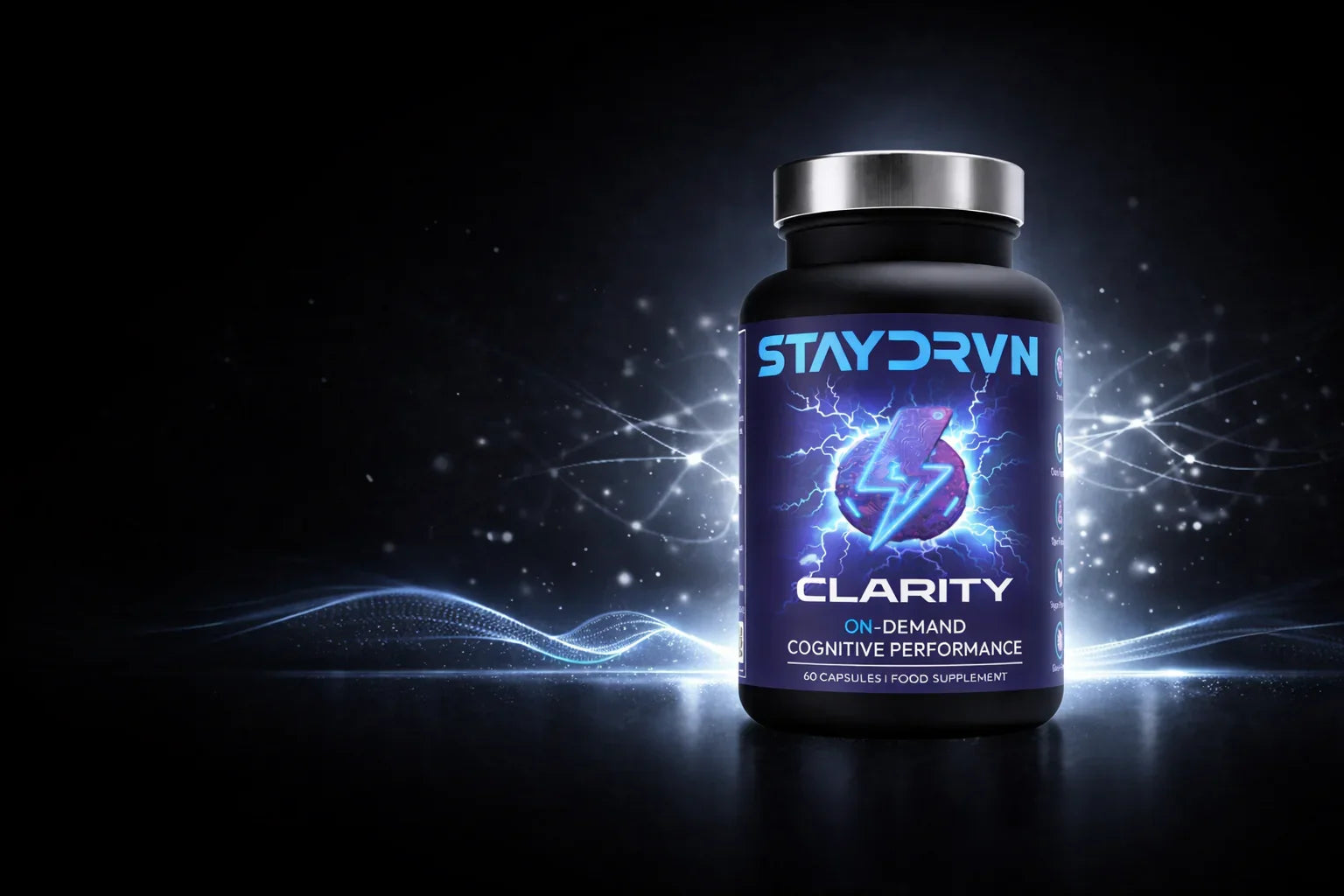 Staydrvn Clarity supplement bottle on a dark background with glowing effects