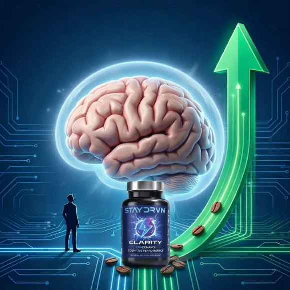 Supplement bottle labeled 'Stay Driven Clarity' with a brain and upward arrow on a technological background