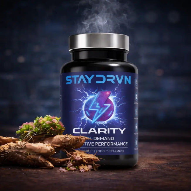 Staydrvn Clarity supplement bottle with a dark background