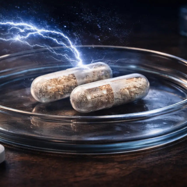 Two pills on a glass plate with a lightning effect on a dark background