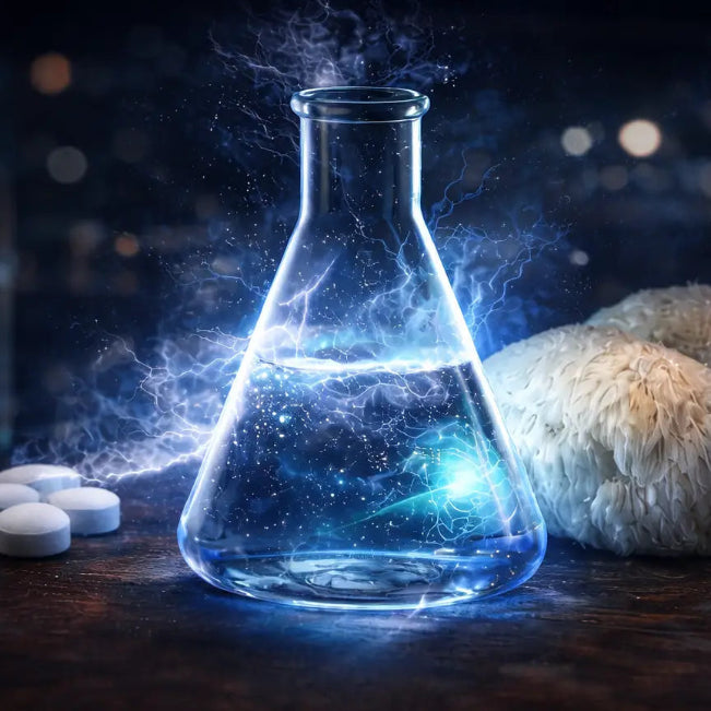 Glass flask with glowing blue liquid, pills, and brain-like object on a dark background