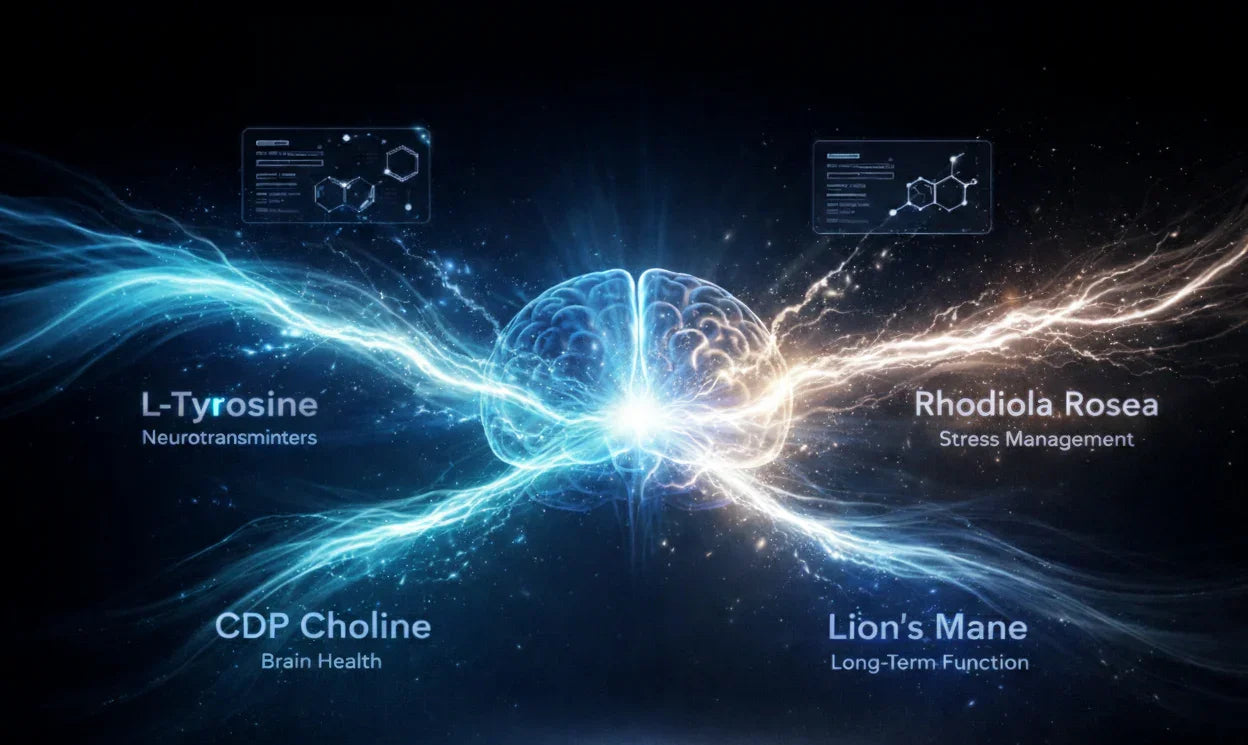 Neurotransmitter system with brain illustration and supplement names on a dark background