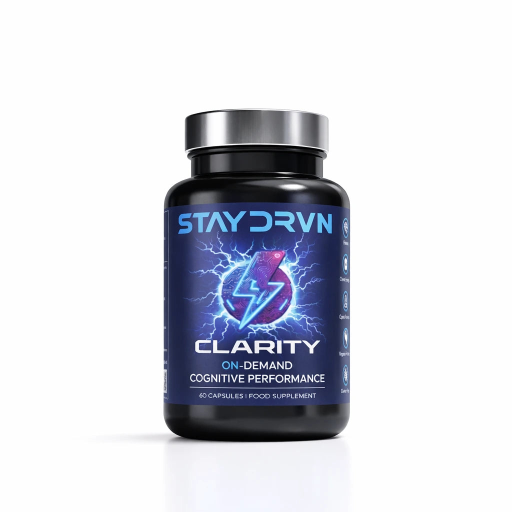Supplement bottle labeled 'Staydrvn Clarity' on a white background