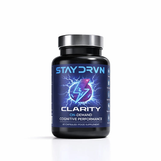 Supplement bottle labeled 'Staydrvn Clarity' on a white background